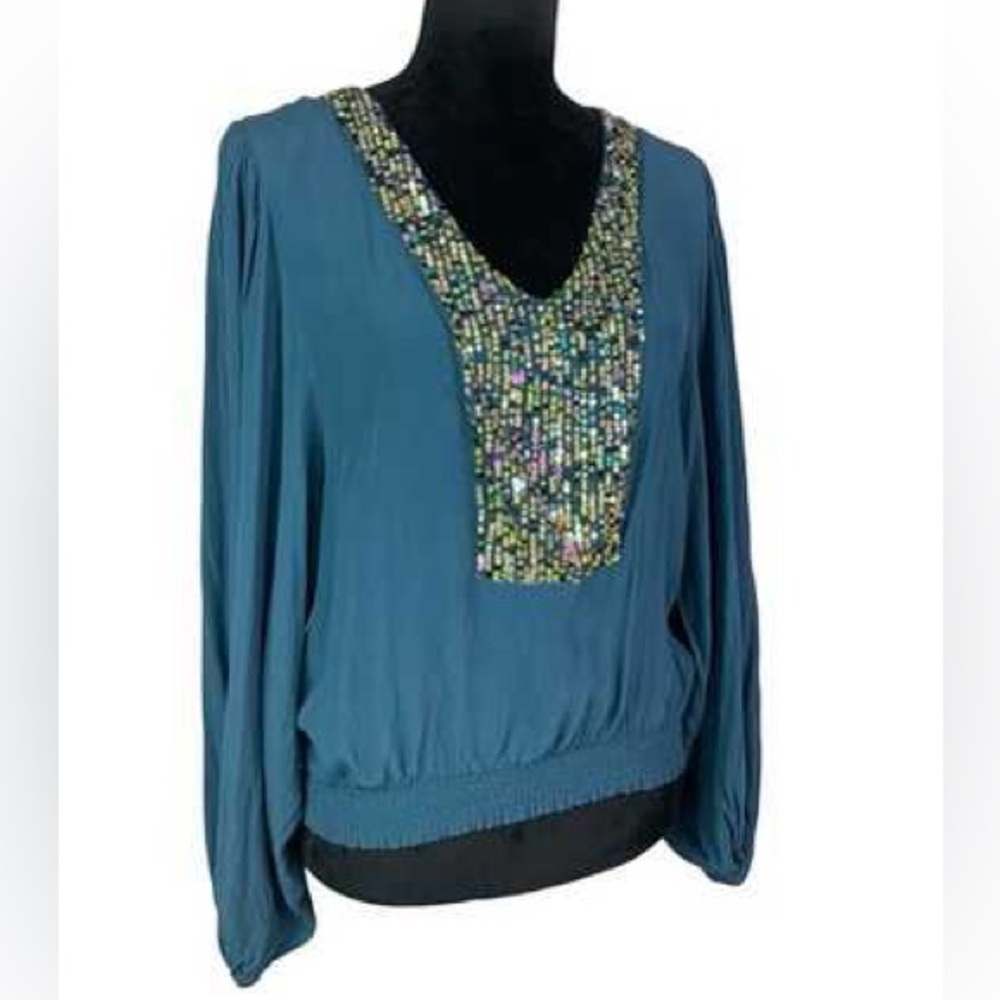 Maeve by Anthropologie Blue V Neck Sequin Puff Sleeve Top